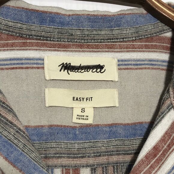 Madewell Shirt Men’s Small Beige Easy Short-Sleeve Stripe Linen Faded Wicker New - Picture 9 of 15